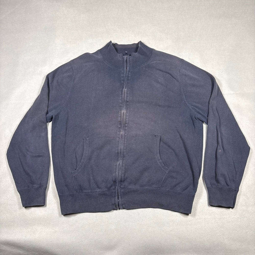 Saks Fifth Avenue Mens XL Navy Blue Full Zip Cotton Knit Mock Neck Sweater Faded